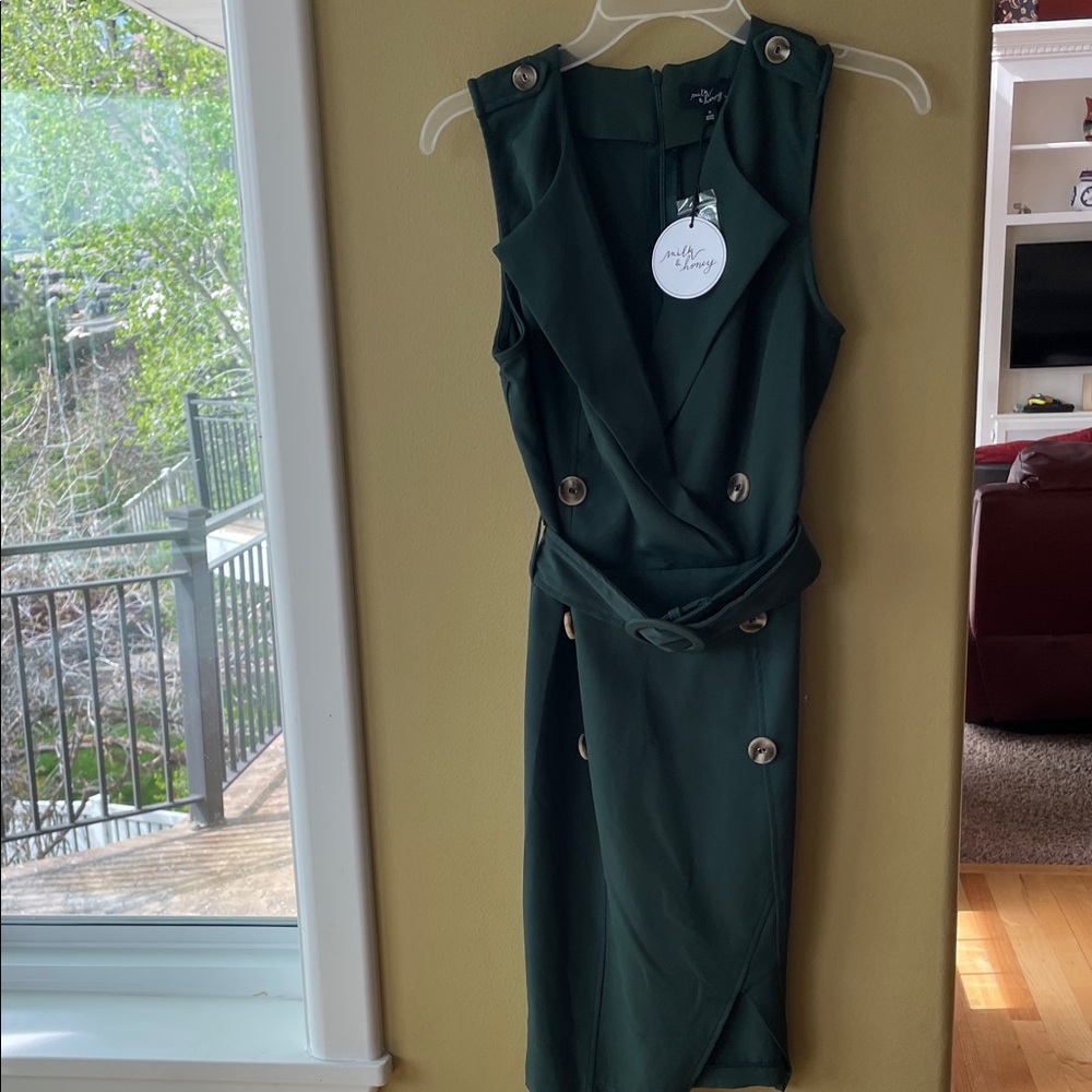 NWT Dark Green Sleeveless Double-Breasted Sheath Midi Dress